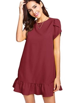 Women's Round Neck Petal Short Sleeve Ruffle Hem Tunic Dress