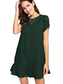 Women's Round Neck Petal Short Sleeve Ruffle Hem Tunic Dress