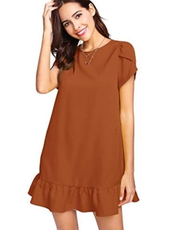 Women's Round Neck Petal Short Sleeve Ruffle Hem Tunic Dress