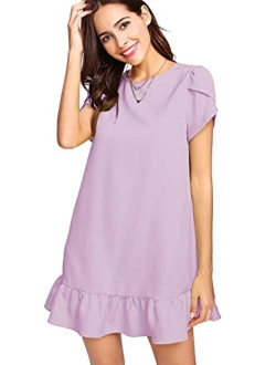 Women's Round Neck Petal Short Sleeve Ruffle Hem Tunic Dress