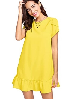 Women's Round Neck Petal Short Sleeve Ruffle Hem Tunic Dress