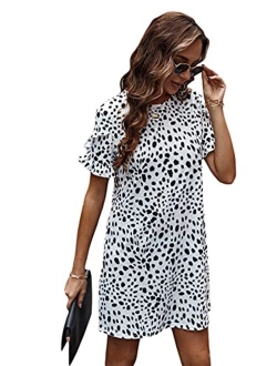 Women's Round Neck Petal Short Sleeve Ruffle Hem Tunic Dress