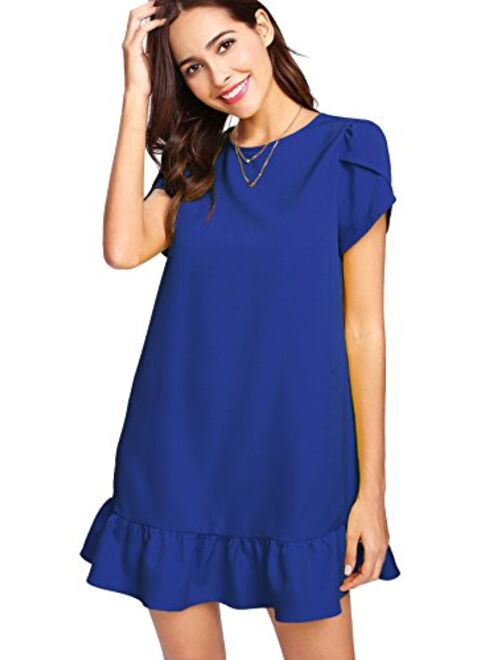 Verdusa Women's Round Neck Petal Short Sleeve Ruffle Hem Tunic Dress