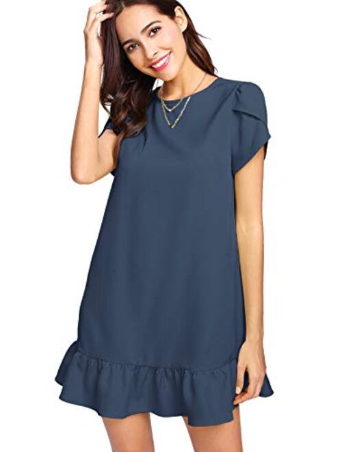 Verdusa Women's Round Neck Petal Short Sleeve Ruffle Hem Tunic Dress