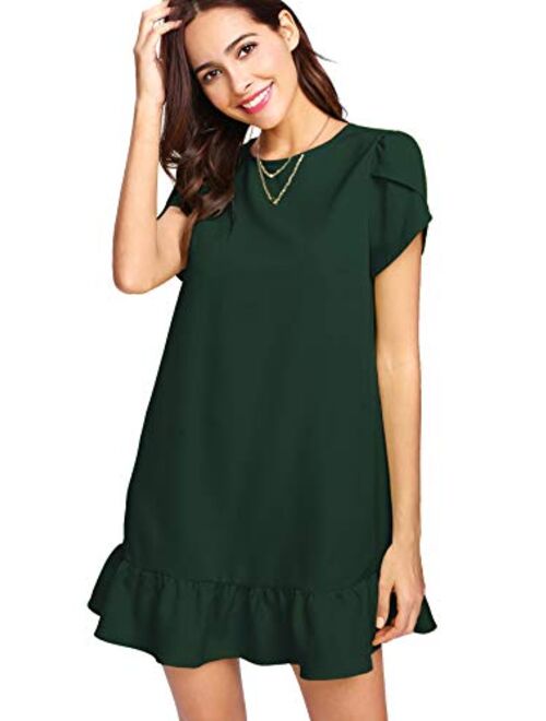 Verdusa Women's Round Neck Petal Short Sleeve Ruffle Hem Tunic Dress