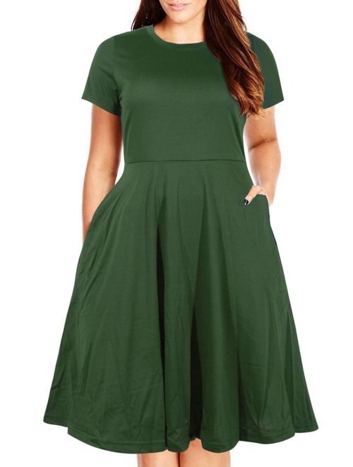 Nemidor Women's Round Neck Summer Casual Plus Size Fit and Flare Midi Dress with Pocket