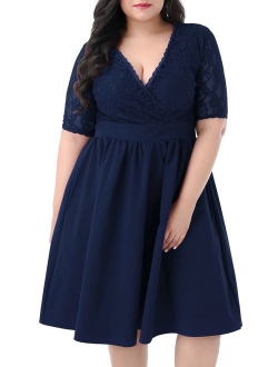 Nemidor Women's Half Sleeves V-Neckline Lace Top Plus Size Cocktail Party Swing Dress