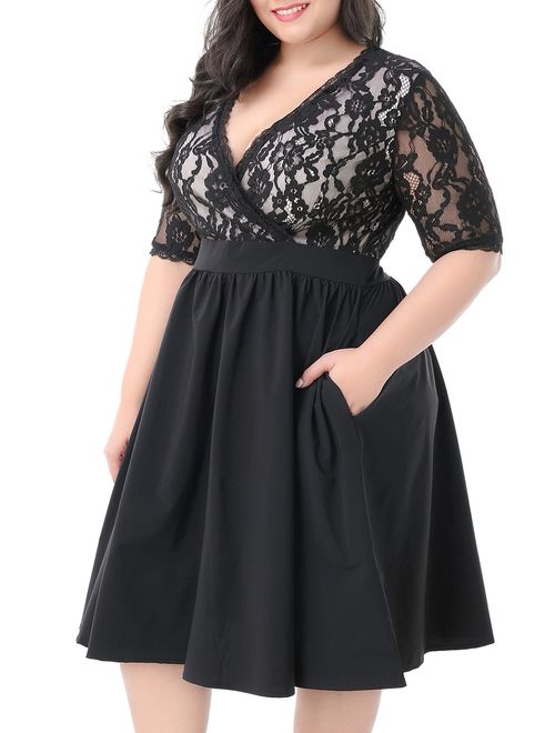 Nemidor Women's Half Sleeves V-Neckline Lace Top Plus Size Cocktail Party Swing Dress