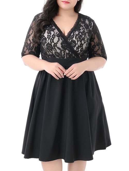 Nemidor Women's Half Sleeves V-Neckline Lace Top Plus Size Cocktail Party Swing Dress