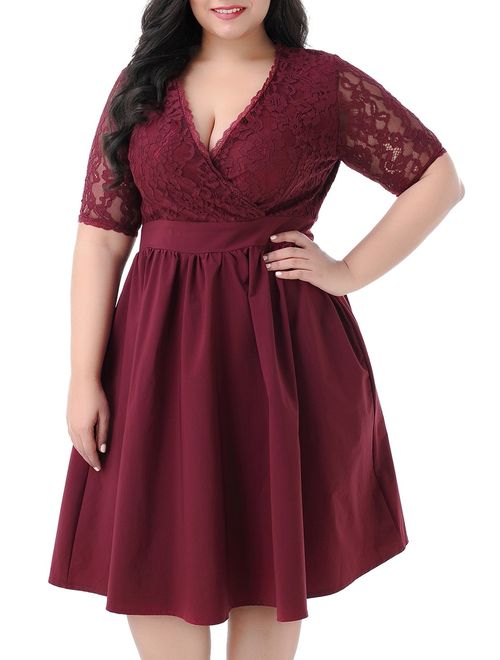 Nemidor Women's Half Sleeves V-Neckline Lace Top Plus Size Cocktail Party Swing Dress