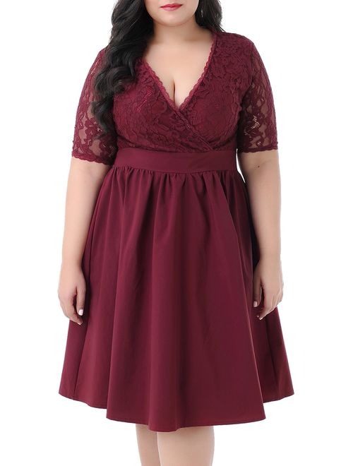 Nemidor Women's Half Sleeves V-Neckline Lace Top Plus Size Cocktail Party Swing Dress