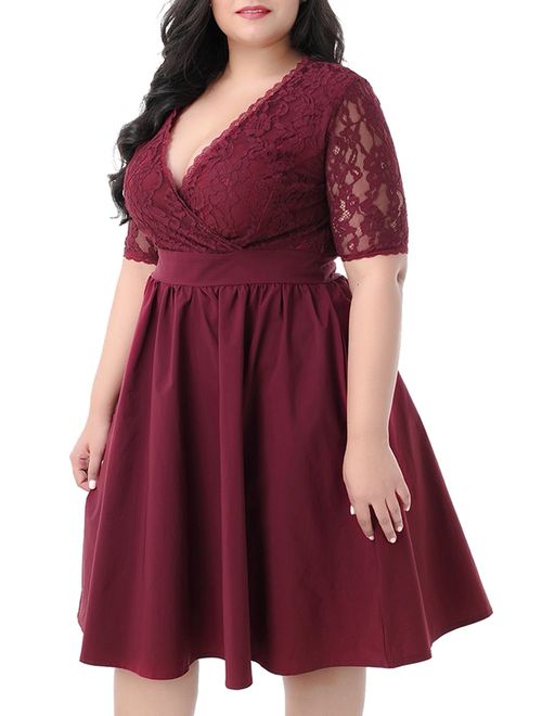 Nemidor Women's Half Sleeves V-Neckline Lace Top Plus Size Cocktail Party Swing Dress