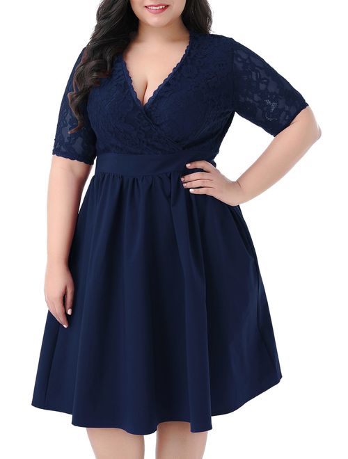 Nemidor Women's Half Sleeves V-Neckline Lace Top Plus Size Cocktail Party Swing Dress