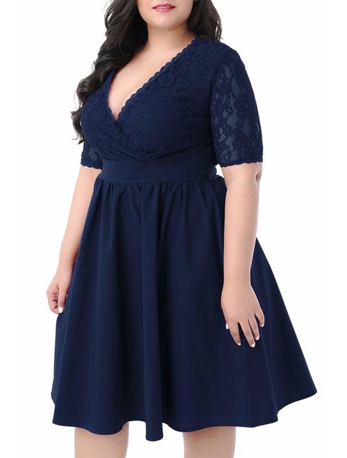 Nemidor Women's Half Sleeves V-Neckline Lace Top Plus Size Cocktail Party Swing Dress