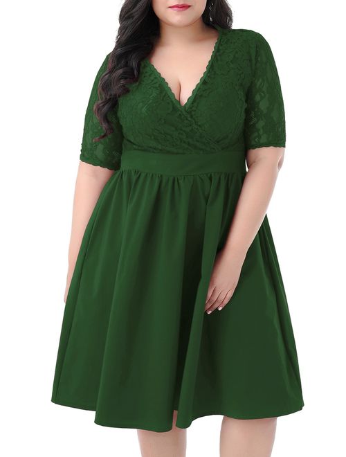 Nemidor Women's Half Sleeves V-Neckline Lace Top Plus Size Cocktail Party Swing Dress