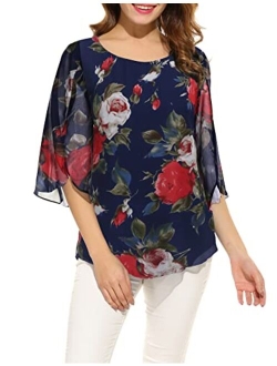 ACEVOG Womens Casual Scoop Neck Loose Top 3/4 Sleeve Chiffon Blouse Shirt Tops