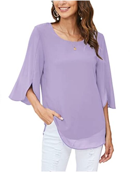 ACEVOG Womens Casual Scoop Neck Loose Top 3/4 Sleeve Chiffon Blouse Shirt Tops