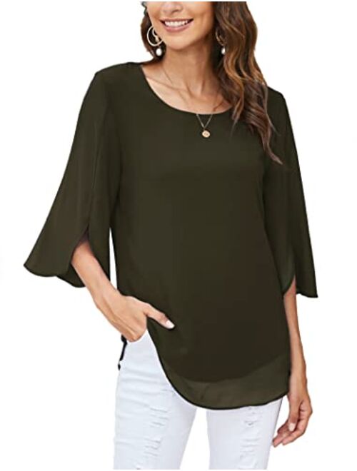 ACEVOG Womens Casual Scoop Neck Loose Top 3/4 Sleeve Chiffon Blouse Shirt Tops