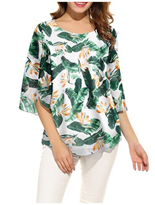 ACEVOG Womens Casual Scoop Neck Loose Top 3/4 Sleeve Chiffon Blouse Shirt Tops