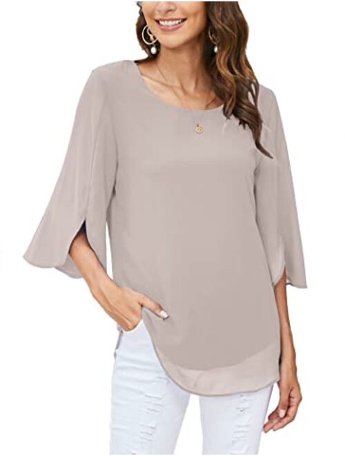 ACEVOG Womens Casual Scoop Neck Loose Top 3/4 Sleeve Chiffon Blouse Shirt Tops