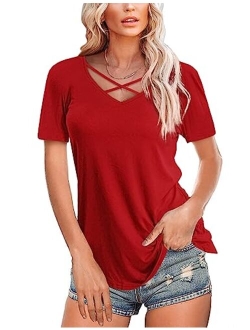 Amoretu Womens Casual V Neck Short/Long Sleeve Criss Cross T-Shirt Blouse Tops