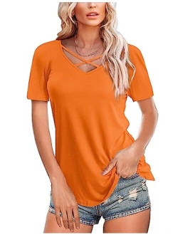 Amoretu Womens Casual V Neck Short/Long Sleeve Criss Cross T-Shirt Blouse Tops