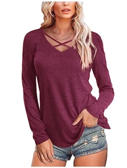 Amoretu Womens Casual V Neck Short/Long Sleeve Criss Cross T-Shirt Blouse Tops