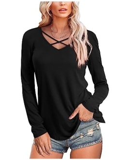 Amoretu Womens Casual V Neck Short/Long Sleeve Criss Cross T-Shirt Blouse Tops