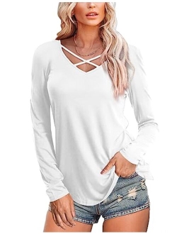 Amoretu Womens Casual V Neck Short/Long Sleeve Criss Cross T-Shirt Blouse Tops