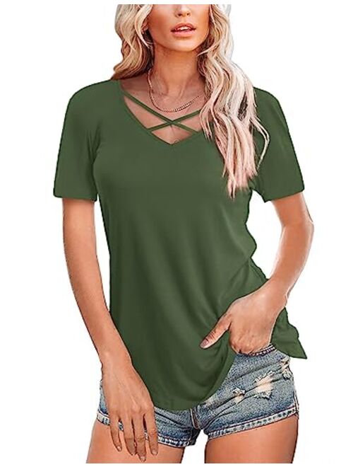 Amoretu Womens Casual V Neck Short/Long Sleeve Criss Cross T-Shirt Blouse Tops