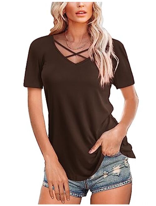 Amoretu Womens Casual V Neck Short/Long Sleeve Criss Cross T-Shirt Blouse Tops