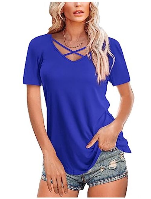 Amoretu Womens Casual V Neck Short/Long Sleeve Criss Cross T-Shirt Blouse Tops