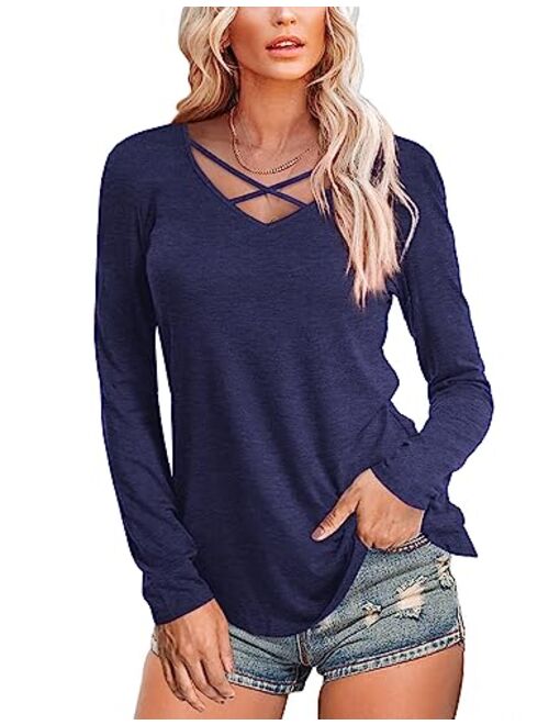 Amoretu Womens Casual V Neck Short/Long Sleeve Criss Cross T-Shirt Blouse Tops