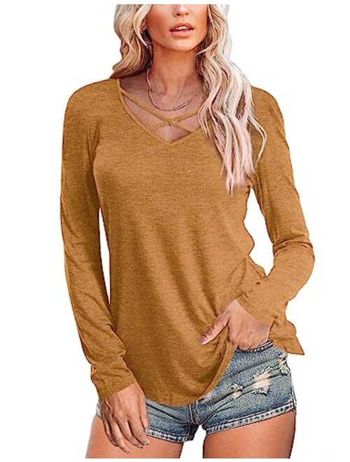 Amoretu Womens Casual V Neck Short/Long Sleeve Criss Cross T-Shirt Blouse Tops