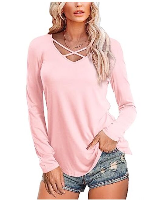 Amoretu Womens Casual V Neck Short/Long Sleeve Criss Cross T-Shirt Blouse Tops