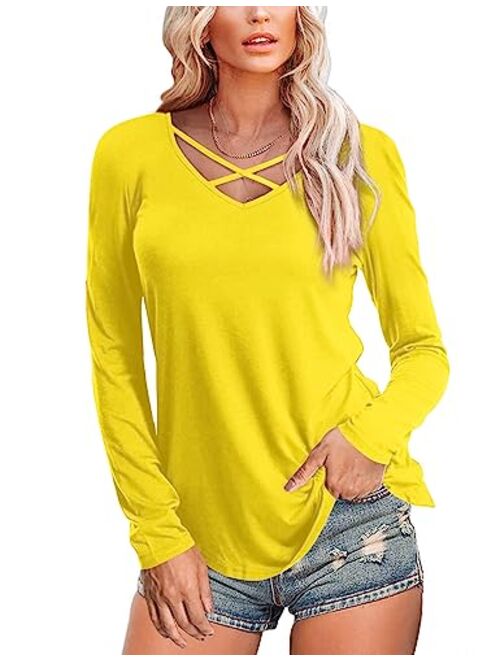 Amoretu Womens Casual V Neck Short/Long Sleeve Criss Cross T-Shirt Blouse Tops