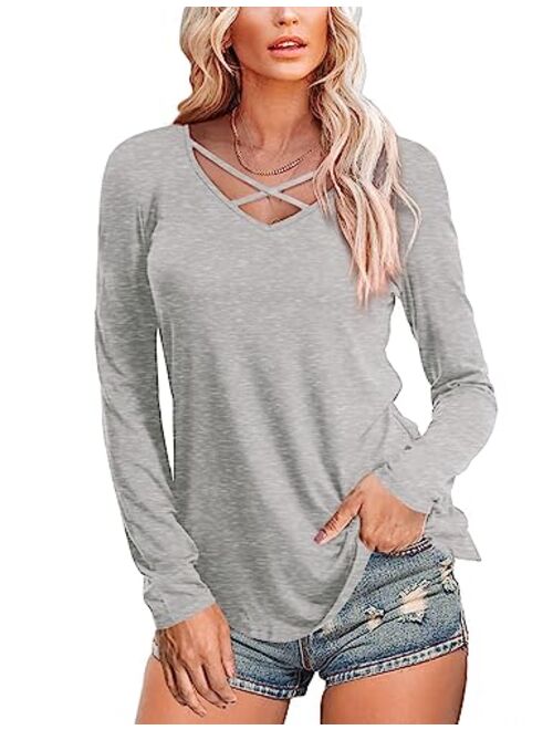 Amoretu Womens Casual V Neck Short/Long Sleeve Criss Cross T-Shirt Blouse Tops