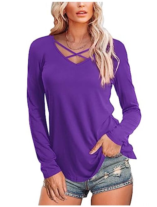 Amoretu Womens Casual V Neck Short/Long Sleeve Criss Cross T-Shirt Blouse Tops