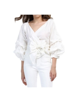 AOMEI Women Spring Summer Blouses with Puff Sleeve Sashes Shirts Tops