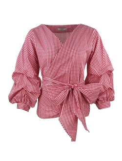 AOMEI Women Spring Summer Blouses with Puff Sleeve Sashes Shirts Tops