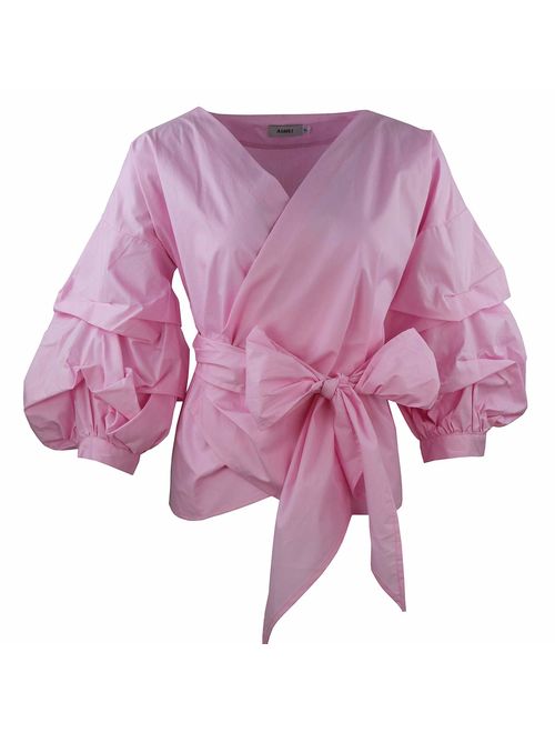 AOMEI Women Spring Summer Blouses with Puff Sleeve Sashes Shirts Tops