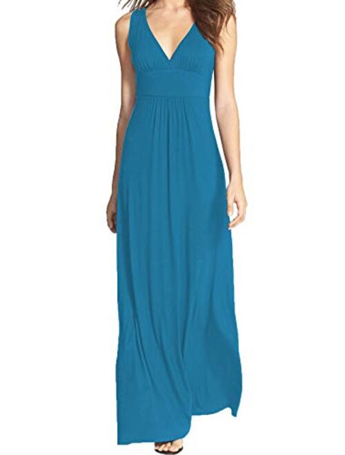 WOOSEA Women Sleeveless Deep V Neck Loose Plain Long Maxi Casual Dress