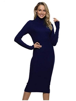 Women Sweater Dress Turtleneck Ribbed Knit Slim Fit Long Sleeve Midi Dress