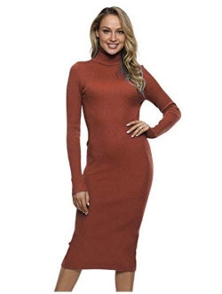 Women Sweater Dress Turtleneck Ribbed Knit Slim Fit Long Sleeve Midi Dress