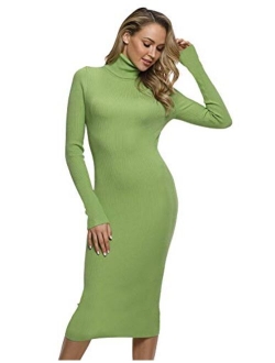 Women Sweater Dress Turtleneck Ribbed Knit Slim Fit Long Sleeve Midi Dress