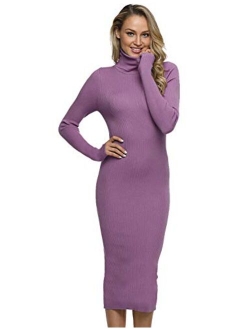 Women Sweater Dress Turtleneck Ribbed Knit Slim Fit Long Sleeve Midi Dress