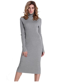 Women Sweater Dress Turtleneck Ribbed Knit Slim Fit Long Sleeve Midi Dress