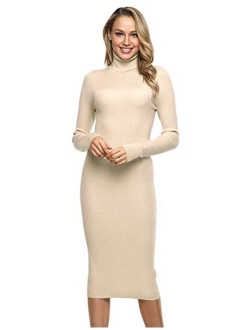 Women Sweater Dress Turtleneck Ribbed Knit Slim Fit Long Sleeve Midi Dress