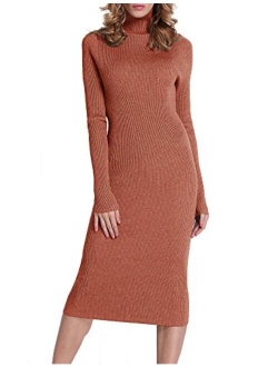 Women Sweater Dress Turtleneck Ribbed Knit Slim Fit Long Sleeve Midi Dress