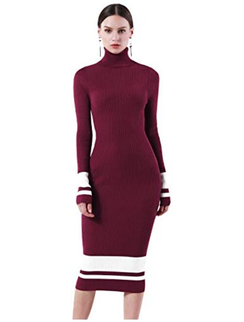 PrettyGuide Women Sweater Dress Turtleneck Ribbed Knit Slim Fit Long Sleeve Midi Dress